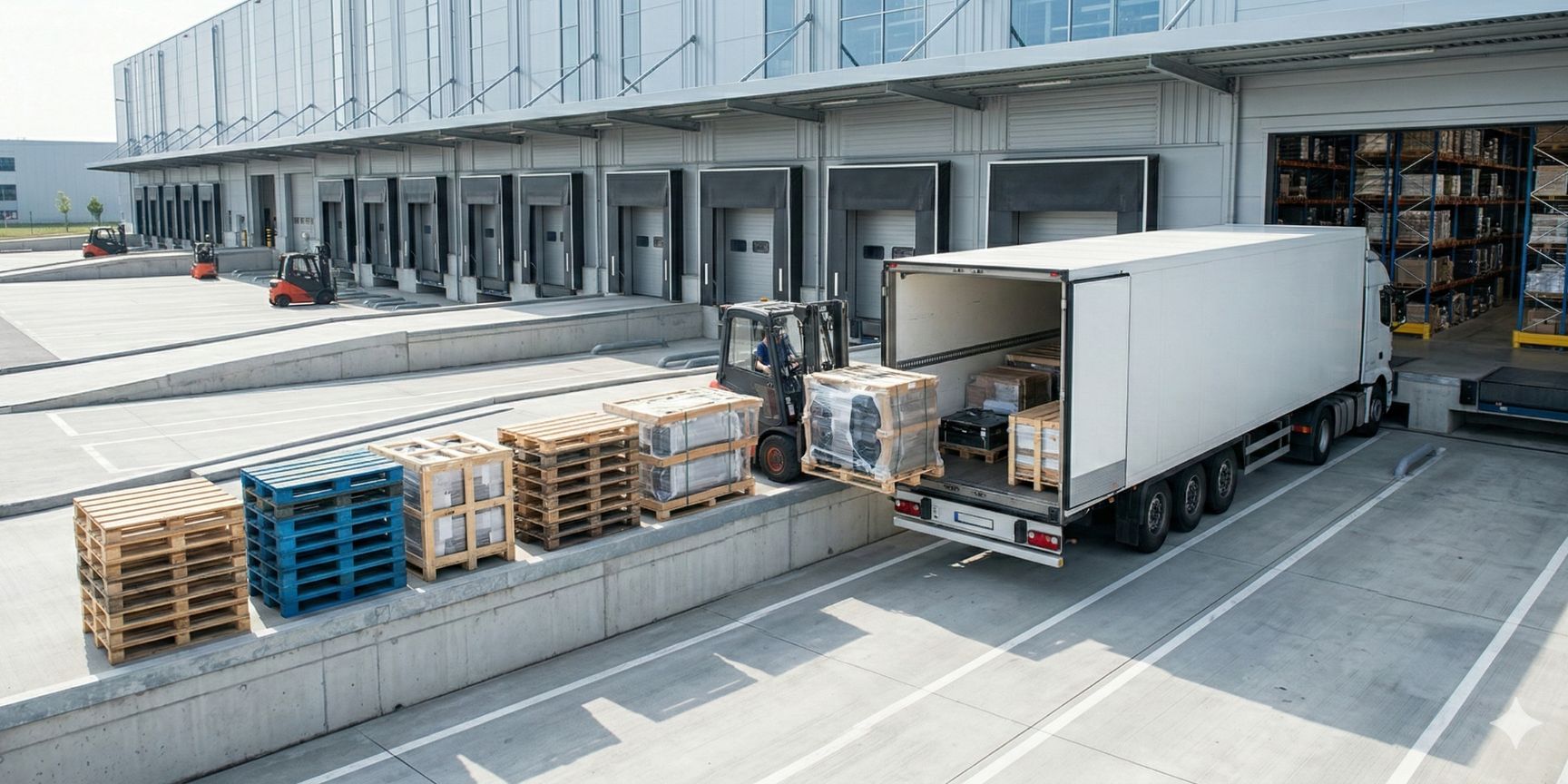 Szene an einer Verladestation einer modernen Logistikimmobilie mit Industriepaletten auf der Rampe. Ein Gabelstapler belädt einen angedockten LKW mit einer Industriepalette (1200x1000 mm). Die Hallenfassade und der Innenraum sind sichtbar.